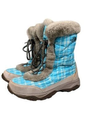 The North Face | Nuptse Goose Down Puffer Light Blue Plaid Faux Fur Winter Boots